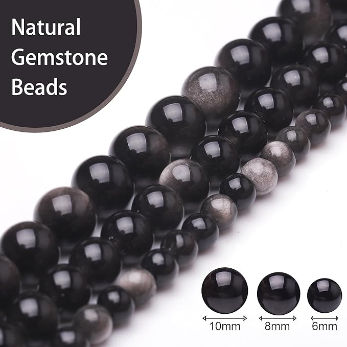 Natural Stone Beads for Jewelry Making,6mm Obsidian Polished Smooth Round Gemstone Beads for Bracelet Necklace 15 Inch