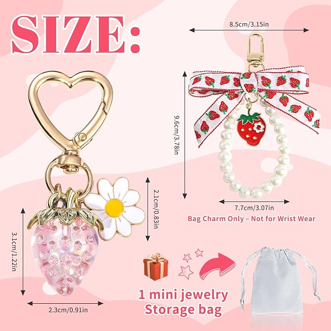 2Pcs Strawberry Keychain Charm Cute Bag Charms Flower Daisy Pearl Bow Keychain Strawberry gift for Women