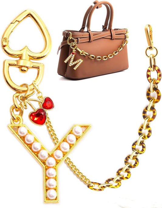 Pearl Initial Keychain with Leopard Bag Charms Wallet Chain Women Cute Alphabet Keychains Charm for Purse Handbag