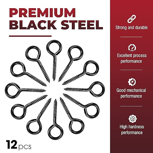 12Pcs Black Screw Eyes, 2.56 Inch Heavy Duty Eye Hooks for Wood Securing Cables Wire, Hammock Stand, Indoor & Outdoor Use