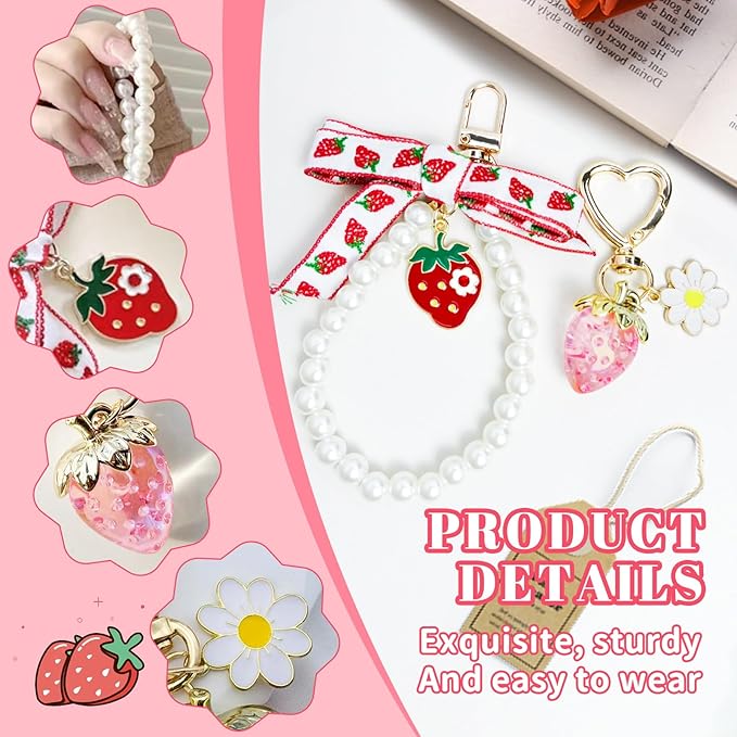2Pcs Strawberry Keychain Charm Cute Bag Charms Flower Daisy Pearl Bow Keychain Strawberry gift for Women