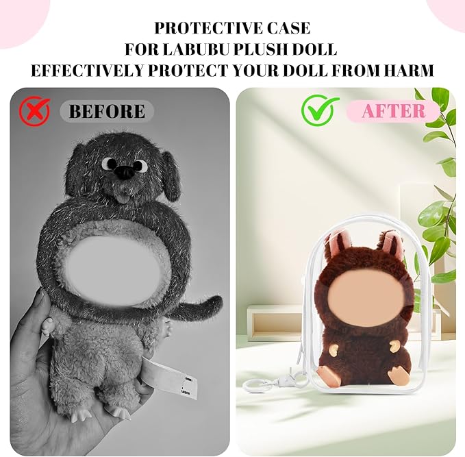 Protective Case for Plush Doll, Clear Hanging Display Cases, Crossbody Doll Storage Bag, PVC Storage Case Cover for Figures, Dolls (White)