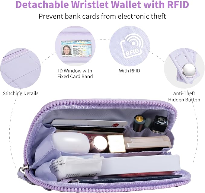 Clip and Go Strap for Phone with Wallet Crossbody Phone Lanyard with Anti-Theft Zipper Pouch Detachable Quilted Wrist Wallet with RFID and ID Window for Daily Travel. Purple Large