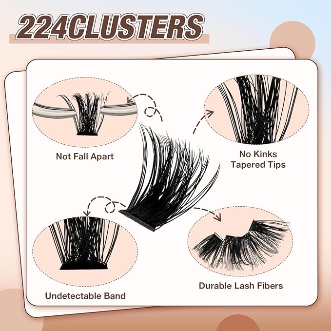AILAISHI Lash Clusters Kit, DIY Cluster Eyelash Extensions 9‑16mm, 60D+80D+100D, 224pcs Fluffy D Curl Natural Lashes–Fake Cat Eye Individual Clusters