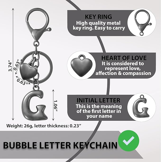 Heart Bubble Letter Keychain for Women, Girls - Cute Keychain with Initial - Alphabet Keychain for Bag Charm, Handbag