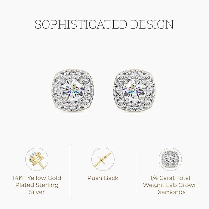 Gilded Lab-Grown Diamond Sterling Silver and 14KT Yellow Gold Plated Silver Stud Earrings for Women | Cushion Halo Shaped Studs | Hypoallergenic Fine Jewelry | Prong Setting, Push Back Nut | SI1 Clarity, F Color 1/4, 1/2, ,1 Carat Total Weight
