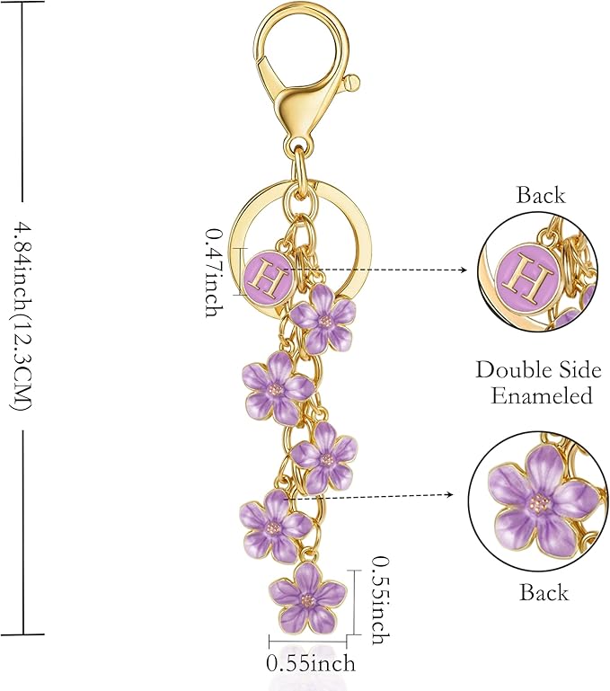 XGALBLA White Pink Black Cute Initial Letter Keychain for Women, Flower Bag Charms Enamel Keyring for Handbag Backpack