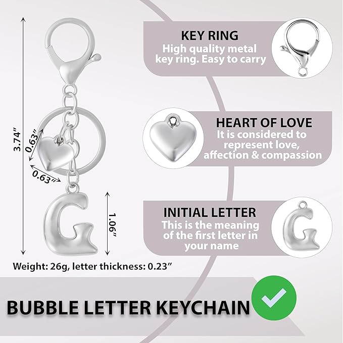 Heart Bubble Letter Keychain for Women, Girls - Cute Keychain with Initial - Alphabet Keychain for Bag Charm, Handbag