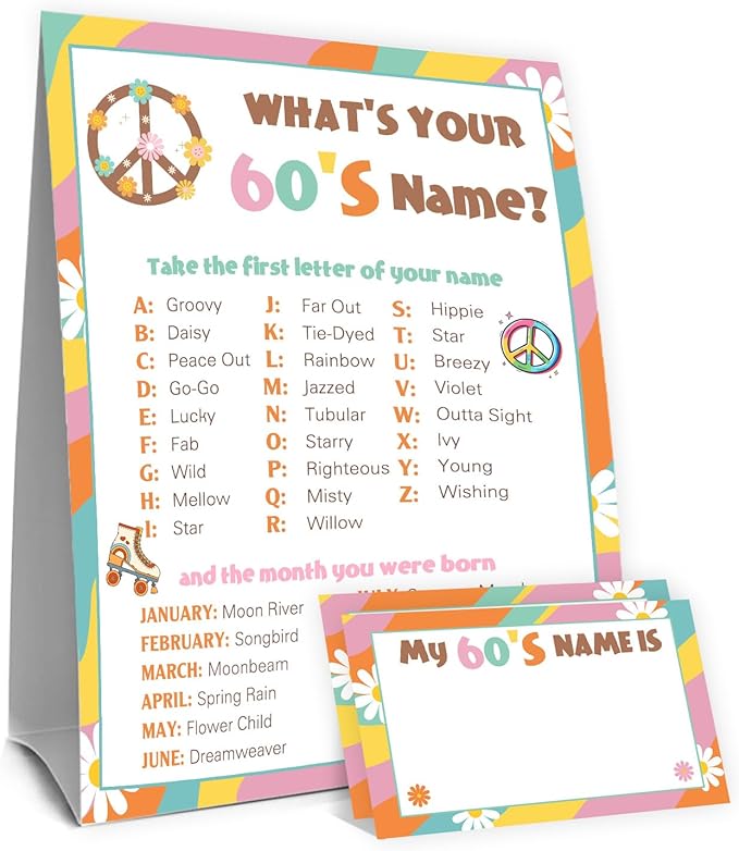 What's Your 1960's Name Game Set, 1 Double Sided Sign and 30 Name Stickers, Groovy Birthday Party Games, Perfect for Hippie & 60's Themed Party Decorations and Activities for Kids and Adults