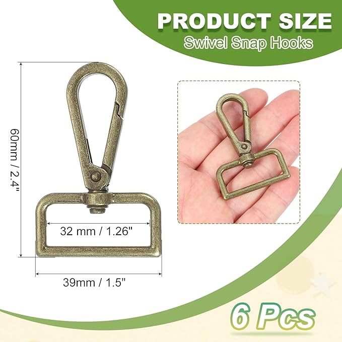 Swivel Snap Hooks, Metal D Ring Keychain Lanyard Clip Hook Lobster Clasp Claw Push Gate Clip - Fitting for(Purse Making - Sewing - DIY Crafts) 6 Pcs & 1.25" & Bronze