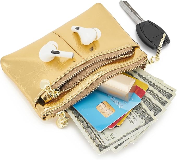 ZOOEASS Women Genuine Leather Zip Mini Coin Purse With Key Ring Triple Zipper Card Holder Wallet