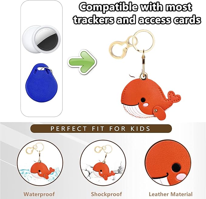 Leather Keychain Holder Case Compatible with AirTag,Cute Protective Cover with Keyring,Anti-Scratch Finder GPS Tracker Case for Wallet Keys,Bag,Pets(Whale Orange)