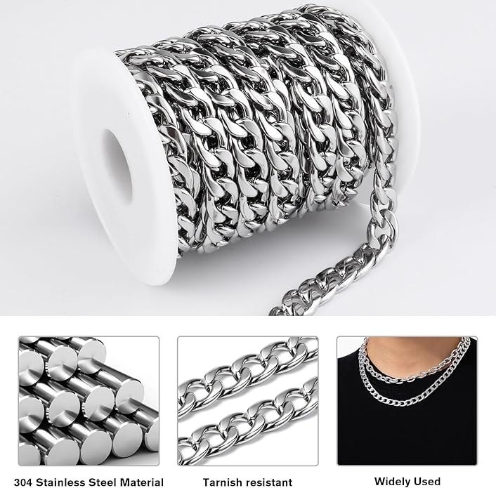 16.5 Ft Stainless Steel Curb Chains, 5mm 6mm 7mm 9mm Cuban Chain Roll Bulk for Jewelry Making