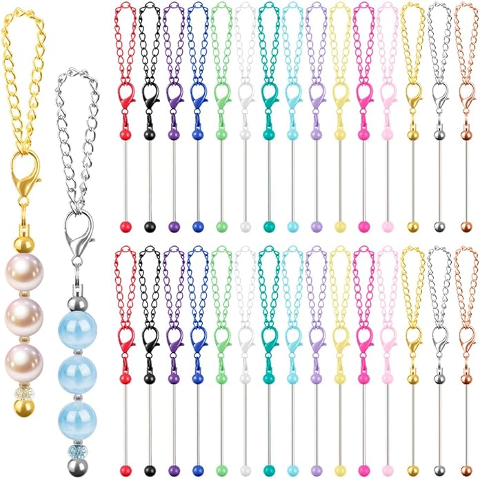 30 PCS Beadable Keychain Bars Bulk, Metal Blank Keychain Bars for Beads, DIY Beaded Key Chain Making Kit for DIY Crafts Jewelry Charms Making Supplies