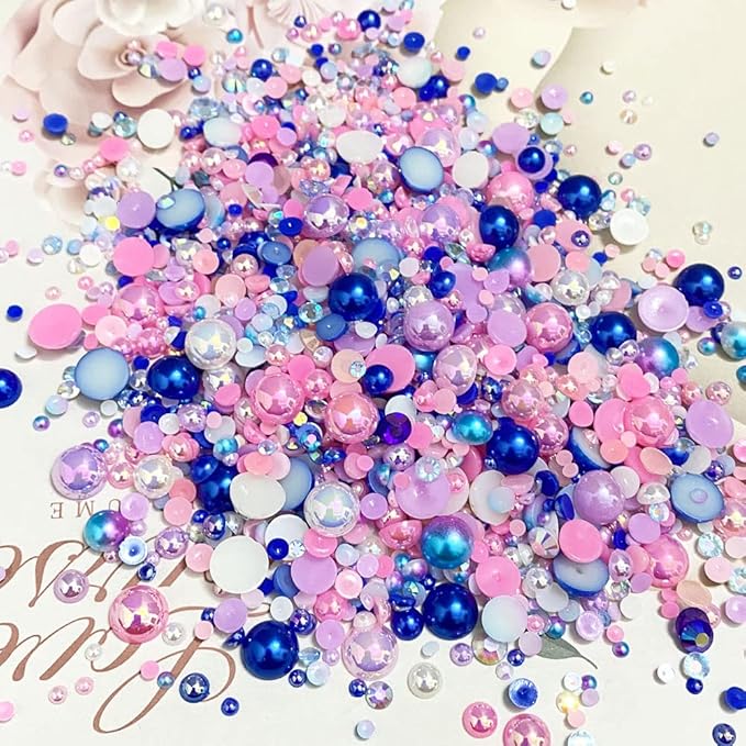100g Mix Resin Rhinestones Flatback Half Round Pearls Mixed Size 3mm-10mm AB Color Half Pearls Resin Rhinestones for DIY Craft Nail Art Shoes Clothes Phone Case (Pink Blue Series)