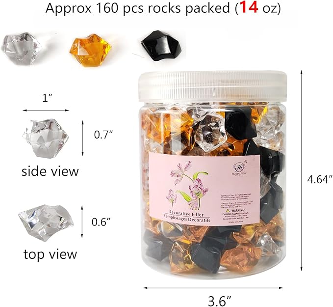 HappyFiller Home Decoration Acrylic Gems Fake Crystal Cubes Jewels Rocks for Vase Fillers, Centerpieces,Party Decor Ice Stones Table Scatter,Orange,Black and White,14 OZ