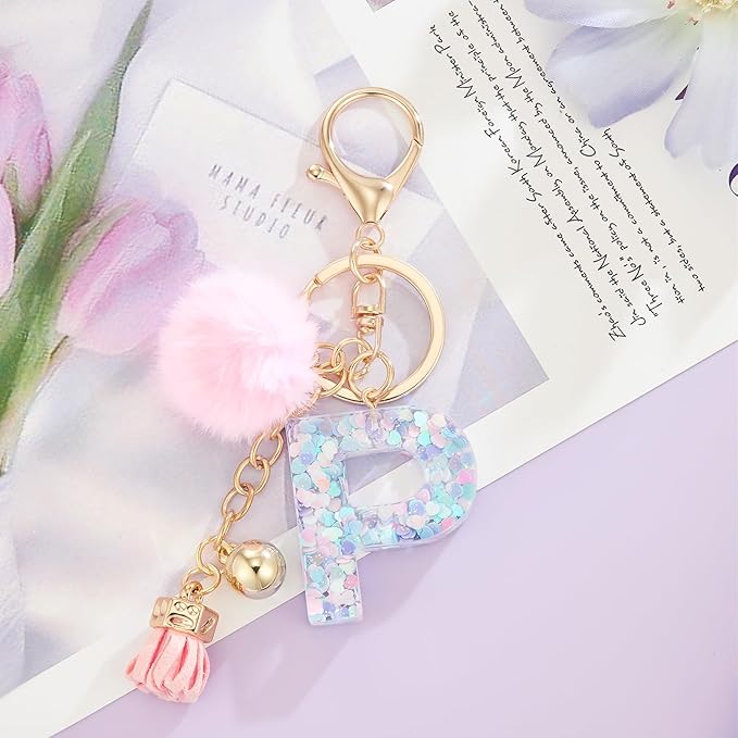 Resin Alphabet Initial Letter Keychain Keyring for Women Purse Handbags With Fur Ball Pom