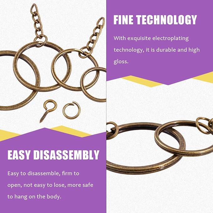 Swpeet 300Pcs Bronze Flat Key Chain Rings Kit, 100Pcs Keychain Rings with Chain and 100Pcs Jump Ring with 100Pcs Screw Eye Pins Bulk for Jewelry Findings Making - 4/5 Inch, 1 Inch, 6/5 Inch, 7/5 Inch