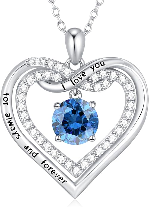 G&GEMSJEW Infinity Heart Birthstone Necklaces for Women, 925 Sterling Silver Jewelry, Pendant Heart Necklaces Birthday Anniversary Christmas Gift for Women Wife Mom Girlfriend Lady