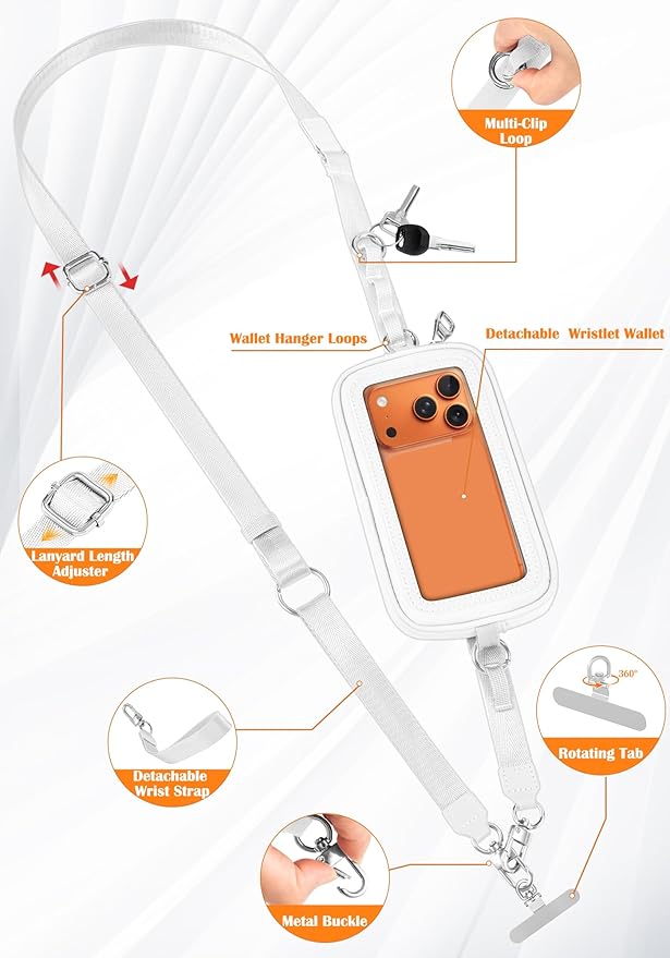 takyu Clip and Go Strap for Phone with Wallet Crossbody, 4-in-1 Adjustable Phone Lanyard with Detachable Wallet Wristlet Strap, Convertible Crossbody Bags with ID Window for Women Travel, White