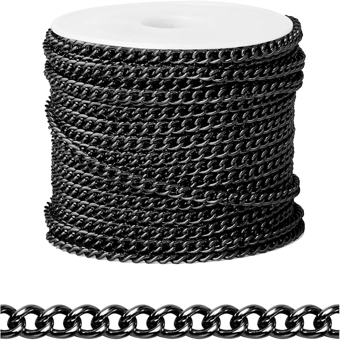 [66 FT] Black Curb Chains Bulk for Jewelry Making, 3mm 304 Stainless Steel Gunmetal Black Flat Twisted Links Curb Chains Roll Spool for Jewelry Making DIY Craft