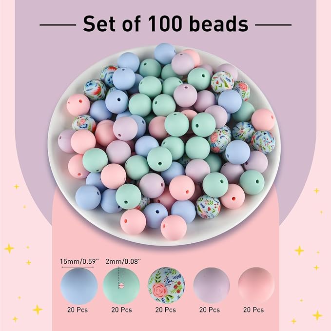 ASTARON 100 Pcs 15mm Silicone Beads for Keychain Making, Light Pink Purple Blue Round Beads for Bracelets Crafts Beadable Pens Decorations Jewelry Making Party Favors Supplies