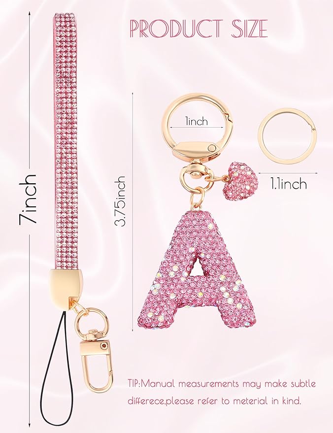 Initial Keychain for Women Girls,Bling Letter Key chain Initial with Heart,Pink Keychain Charms for Backpack Handbag
