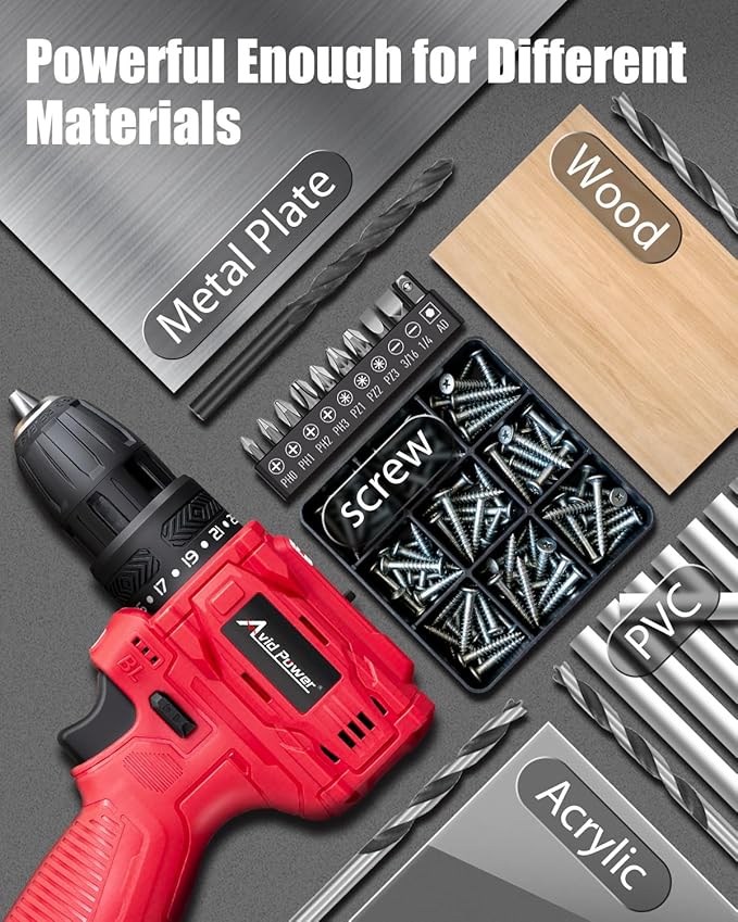 AVID POWER Brushless Power Drill Set, 2-Speed Control, 3/8-Inch Keyless Chuck & 25+1 Position, 12V Electric Drill Cordless Driver Kit with 2000mAh Battery, Charger and 22pcs Accessories