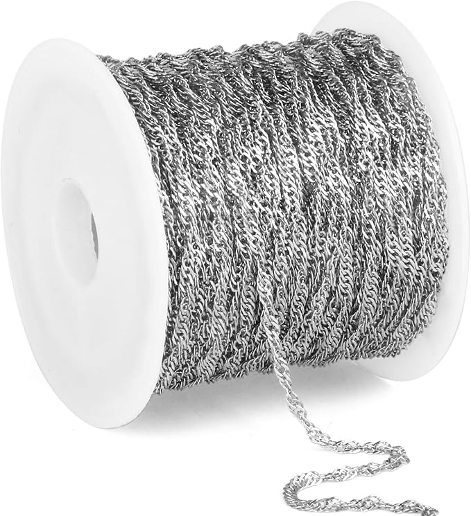 33 Feet Stainless Steel Singapore Chains Roll, 1.7mm Width 304 Stainless Steel Twisted Link Chain Bulk Spool for Jewelry Making DIY Craft