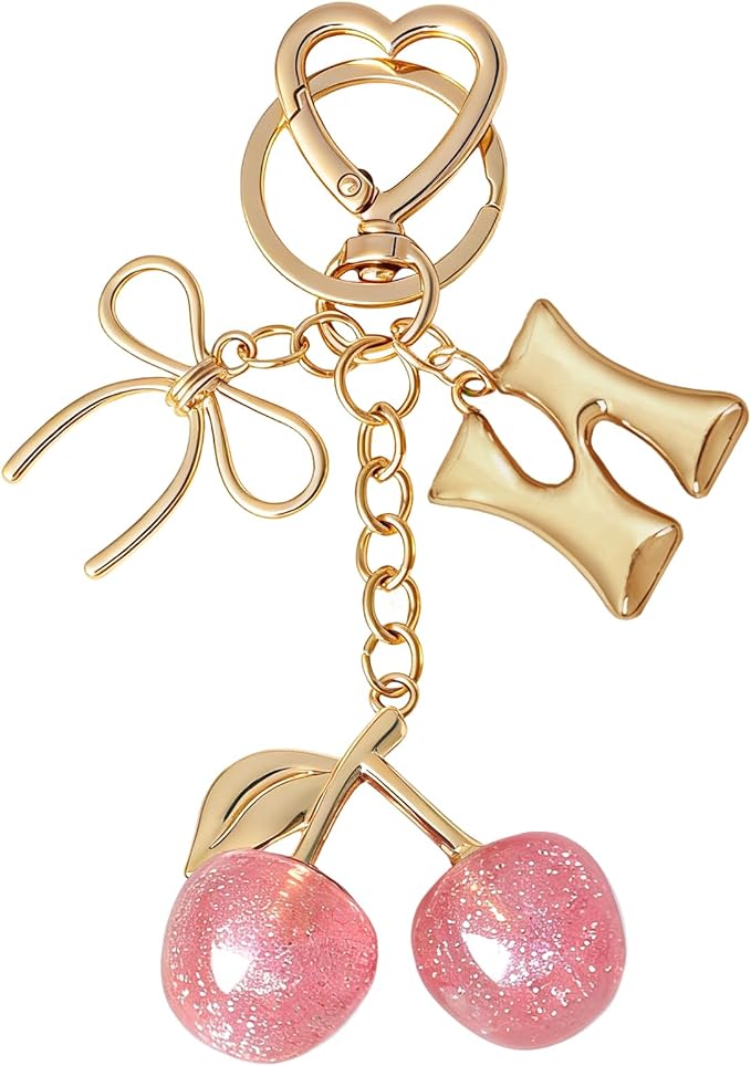 Snycler Bubble Initial Keychain with Cherry & Bow - Gold Letter Bag Charms for Women, Cute Purse Handbag Accessories