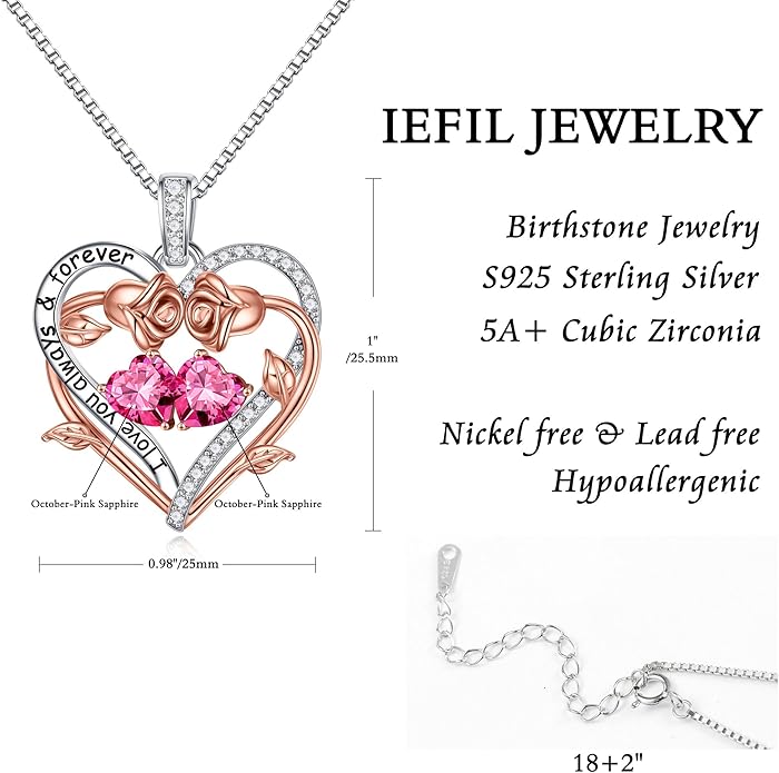Iefil Valentines Gifts for Her Wife Women - Rose Heart Double Birthstone Necklace Gift for Wife Girlfriend Her Women, Birthstone Jewelry Gemstone Birthday Gifts for Mom Grandma Her