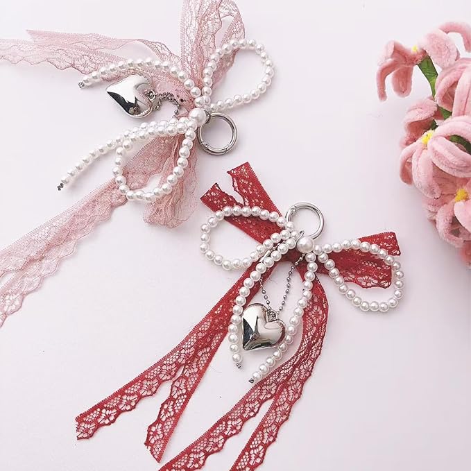 Pearl Bow Keychain Cute Y2k Lace Bowknot Keychain Coquette Aesthetic Accessories Bag Purse Handbag Backpack Charm