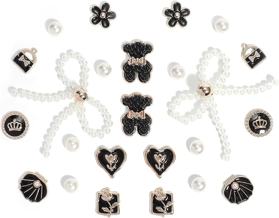 24Pcs Bling Pearl Bow Shoe Charms for Clog Sandals Women, Bear, Flower, Pearl Accessories, DIY Shoe Decoration Charms for Girls