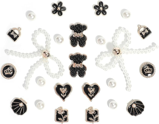 24Pcs Bling Pearl Bow Shoe Charms for Clog Sandals Women, Bear, Flower, Pearl Accessories, DIY Shoe Decoration Charms for Girls