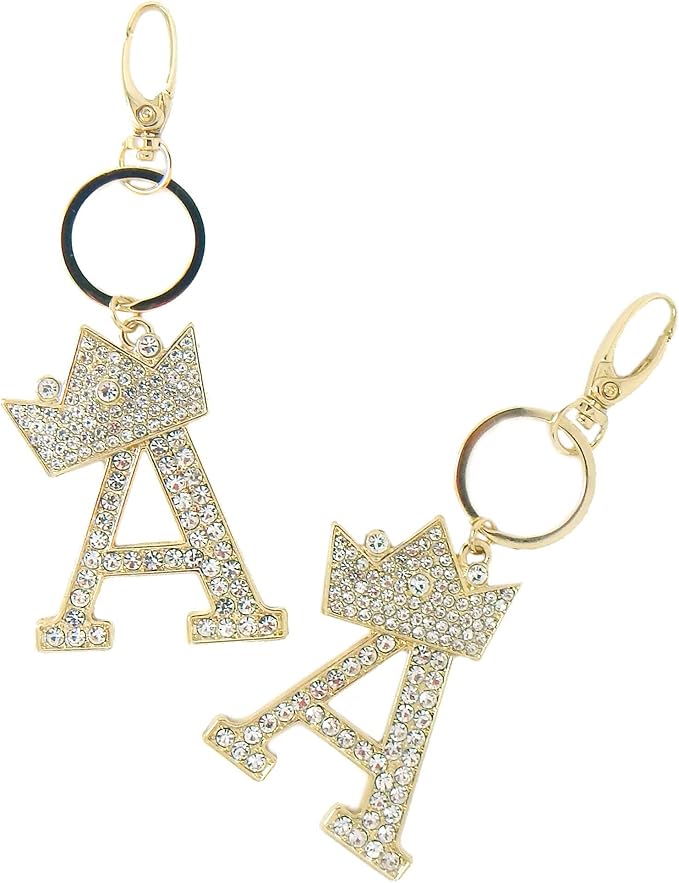 CBC Crown Crystal Rhinestone Letter Initial Keychain, Gold Metal, Bag Charm with Key Ring Approx. 2.17" x 2.56"