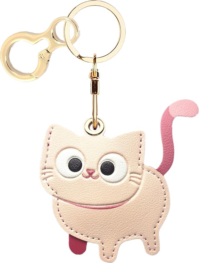Leather Keychain Holder Case Compatible with AirTag,Cute Protective Cover with Keyring,Anti-Scratch Finder GPS Tracker Case for Wallet Keys,Bag,Pets(Cat C)