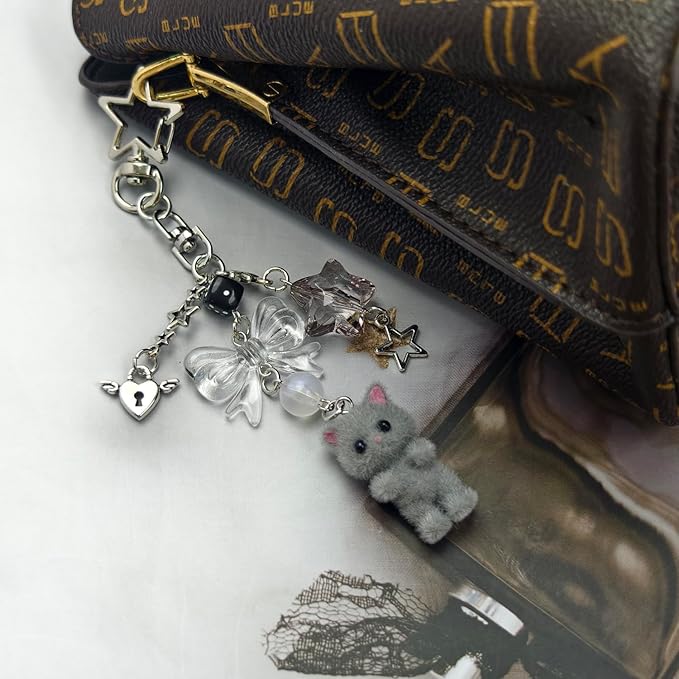 Cute Cat Keychain, Y2K Heart Bow Pendant, Kawaii Cat Bag Charm