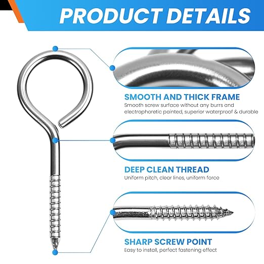 12 Pcs 304 Stainless Steel Screw Eyes Bolts, Screw-in Hooks, M5 Heavy Duty Self Tapping Screw Hooks for Indoor & Outdoor Hanging and Fixing (Ring)