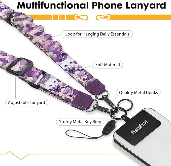 Phone Lanyard Crossbody, White Cat Cell Phone Strap for Around The Neck Adjustable, Purple Anti Theft Cute Lanyard for iPhone Case ID Holder Key Accessories Travel Essential