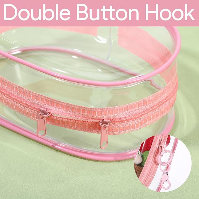 Clear Keychain Pouch, Clear Figure Display Bag with Keychain, Transparent Doll Storage Bag Blind Box Pouch Charms Lipsticks Carrying Case for Doll Collectibles (Pink)