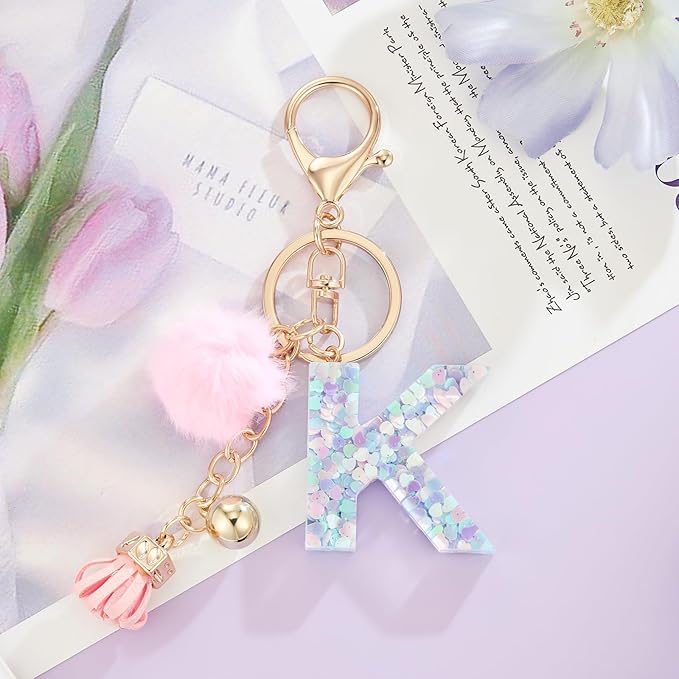 Resin Alphabet Initial Letter Keychain Keyring for Women Purse Handbags With Fur Ball Pom