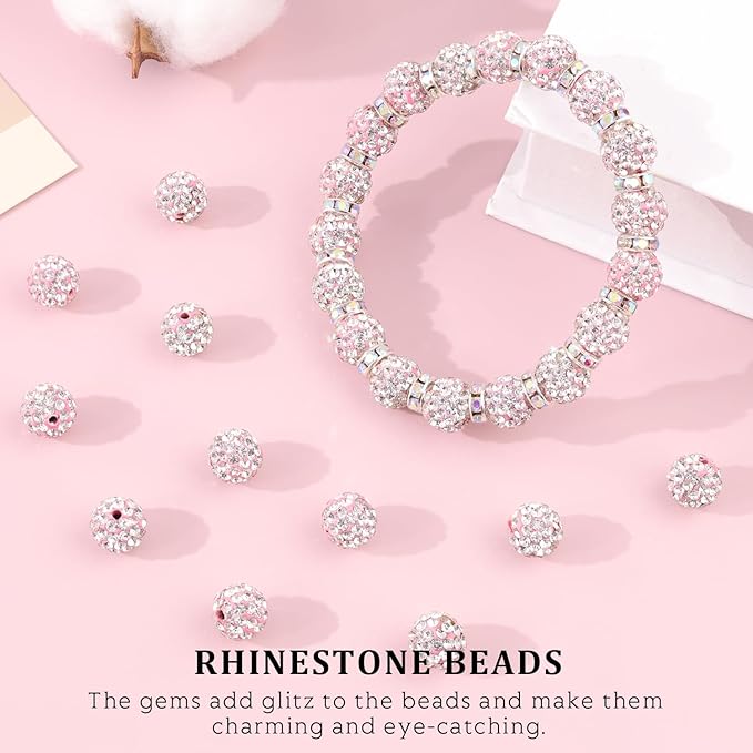 120pcs 10mm Rhinestone Beads for Jewelry Making, Pink White Shiny Round Shamballa Disco Ball Beads Bulk, Sparkle Crystal Clay Christmas for Bracelet Baseball Necklace Earring Crafting and DIY