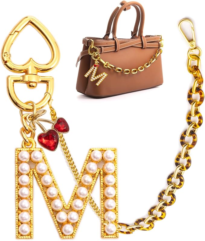 Pearl Initial Keychain with Leopard Bag Charms Wallet Chain Women Cute Alphabet Keychains Charm for Purse Handbag