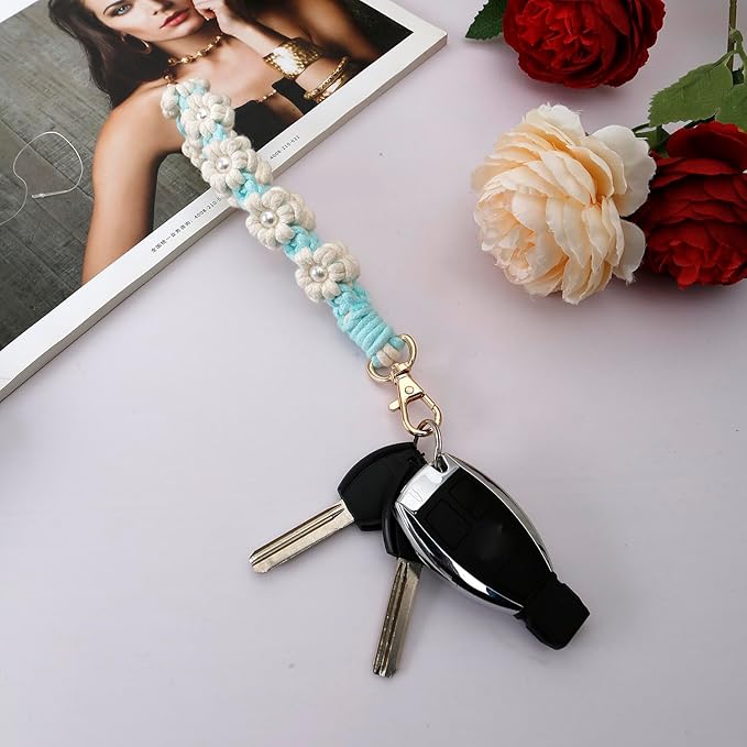 Macrame Keychain Handmade Wristlet Keychain Wrist Lanyard for Keys Cute flower keychain Key Chain for Women