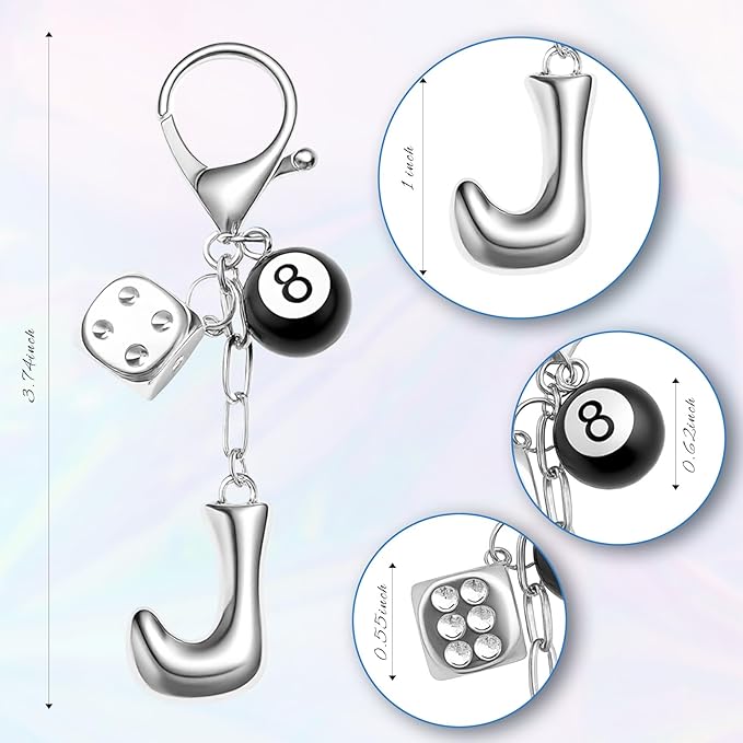8 Ball Dice Keychain with Silver Bubble Initial - Y2K Aesthetic Cute Bag Purse Charms for Women