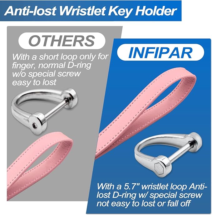Car Fob Key Chain Genuine Leather Wristlet Strap Keychains Holder for Men and Women, 360 Degree Rotatable, with Anti-lost D-Ring, Carabiner Clip and 4pcs Key Rings, Pink