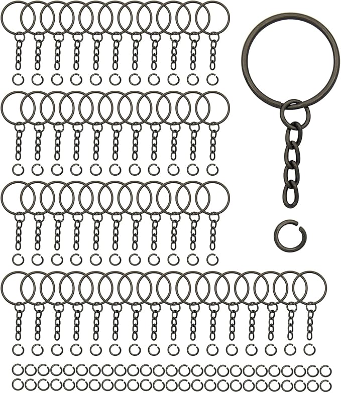 50Sets 1 inch Keychain Rings Gun Black Split Round Key Ring with Chain and Open Jump Rings for DIY Keychain Making Crafts