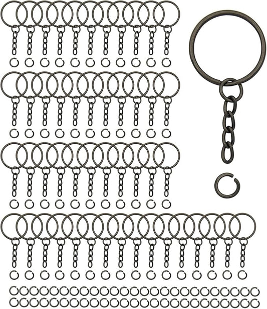 50Sets 1 inch Keychain Rings Gun Black Split Round Key Ring with Chain and Open Jump Rings for DIY Keychain Making Crafts