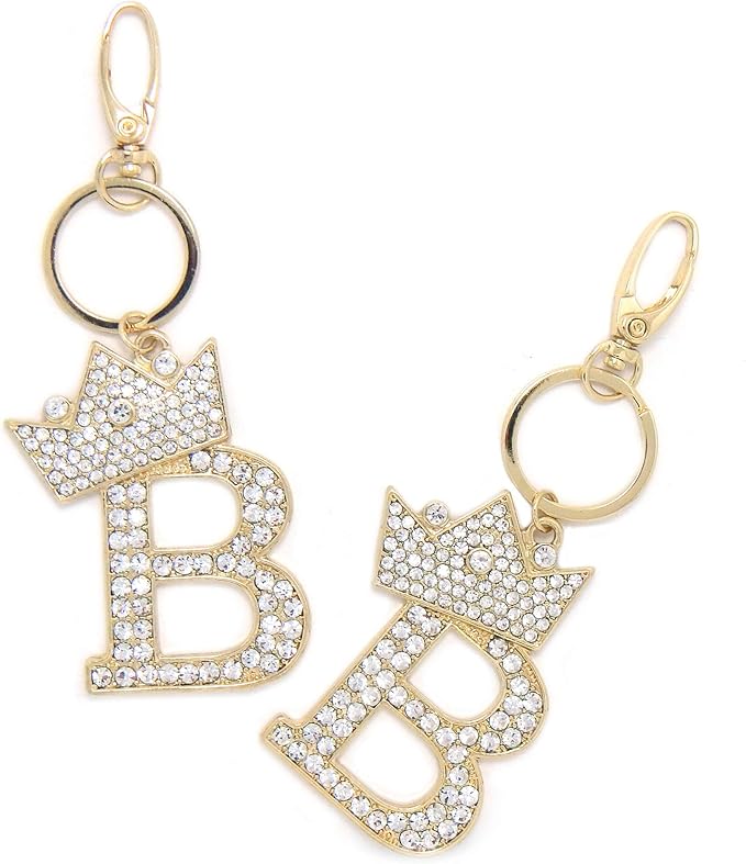CBC Crown Crystal Rhinestone Letter Initial Keychain, Gold Metal, Bag Charm with Key Ring Approx. 2.17" x 2.56"