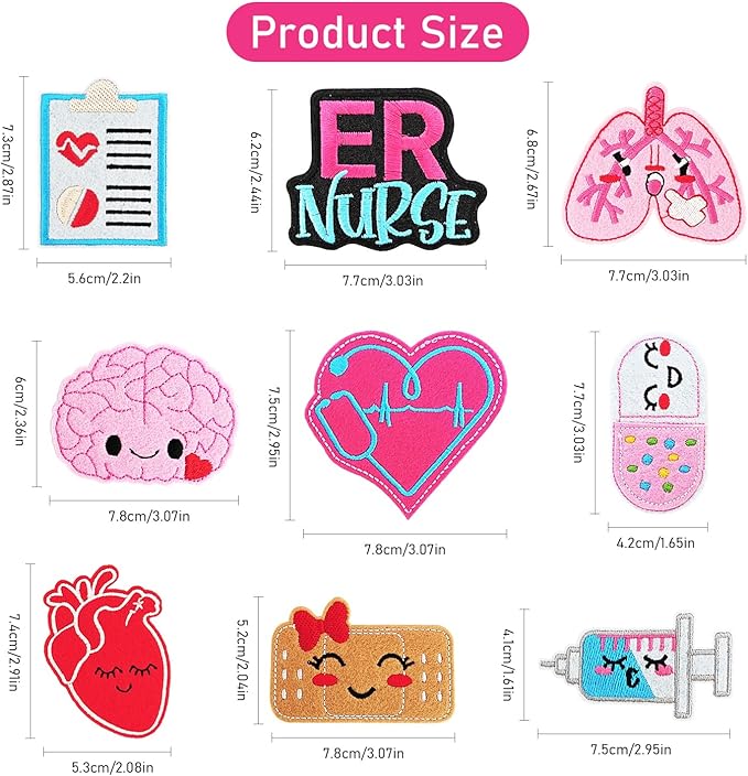 WILDREEDS 9 Pieces Nurse's Day Iron on Patches, Cartoon Anime Pill Heart Syringe Medical Nursing Embroidered Nurse Patch for Clothing, T-Shirt, Backpacks, Hats, Jeans, Jackets